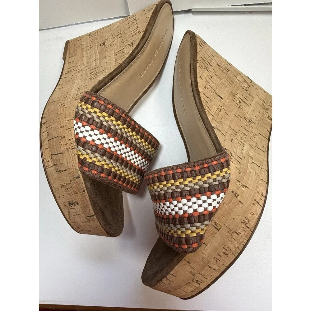 Veronica Beard Dali Raffia Wedge Sandals In Brown Multi Sz 9.5 New